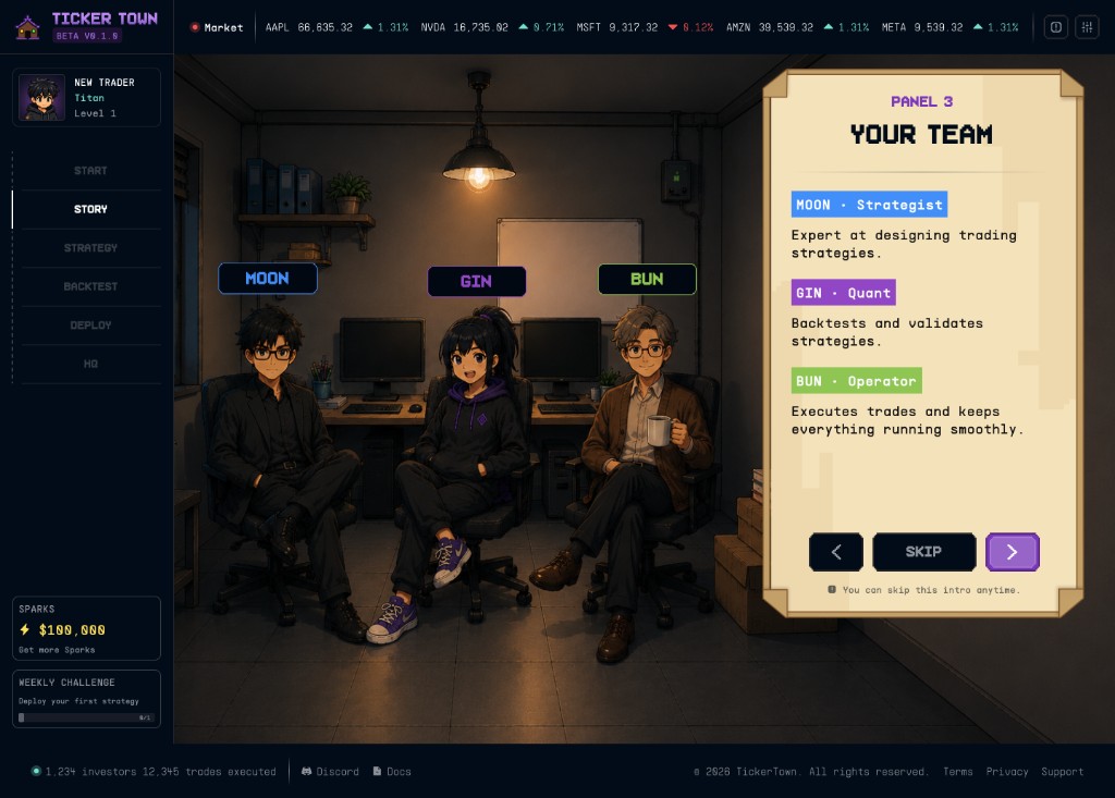 Your TickerTown crew, Moon, Gin and Bun, ready to help you make your first move